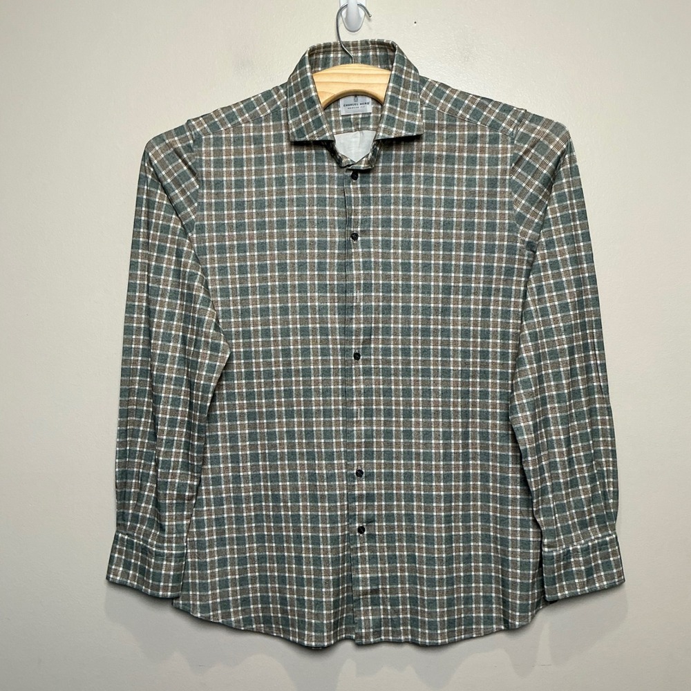 Emanuel Berg Men's Button Down Shirt L/XL Green Plaid Modern Fit Made in Poland
